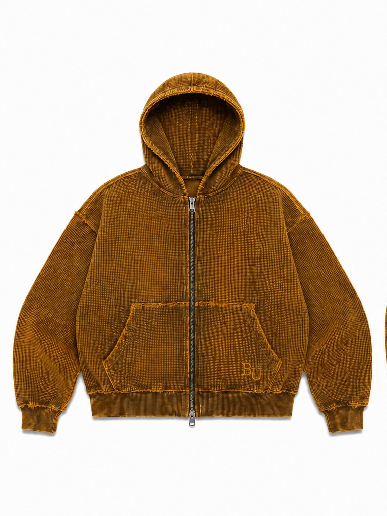 BORN UNRULED Washed Mustard Zip Hoodie — front view
