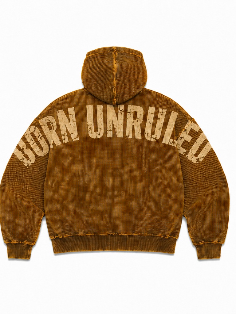 BORN UNRULED Washed Mustard Zip Hoodie — back view